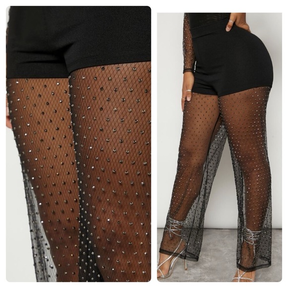 SHEIN - NWT Rhinestone Detail Contrast Mesh Flare Leg Pants - Large - Picture 1 of 16